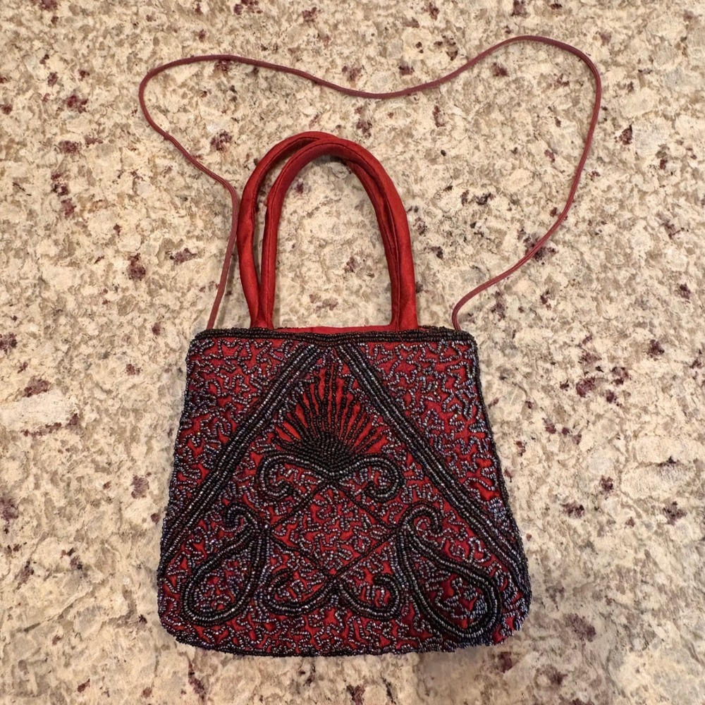 Vintage 90s Burgundy Beaded Mini Bag Crossbody Whimsigoth Gothic Evening Purse